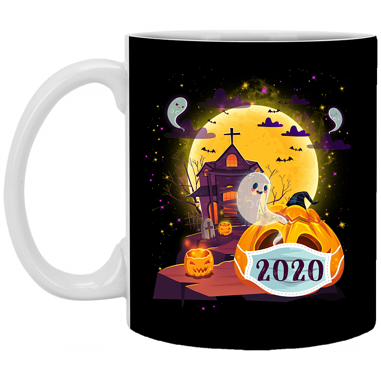 Pumpkin Wearing Face Mask Funny Halloween Ceramic Coffee Mug - Beer Stein - Water Bottle - Color Changing Mug, Black, 11 oz. White Mug