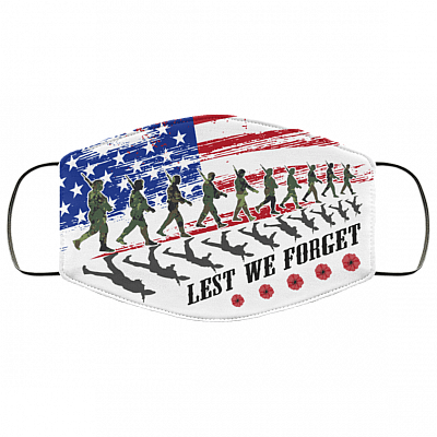 Lest We Forget Washable Reusable Custom - Printed Cloth Face Mask Cover - US Army Veteran Flag Mask, White, Cloth Face Cover – Medium/Large