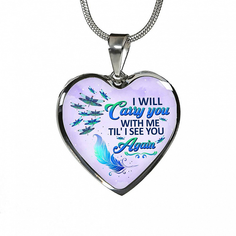 I Will Carry You With Me Til' I See You Again Dragonfly Memorial Heart Pendant Necklace - Heart Luxury Necklace (Silver)