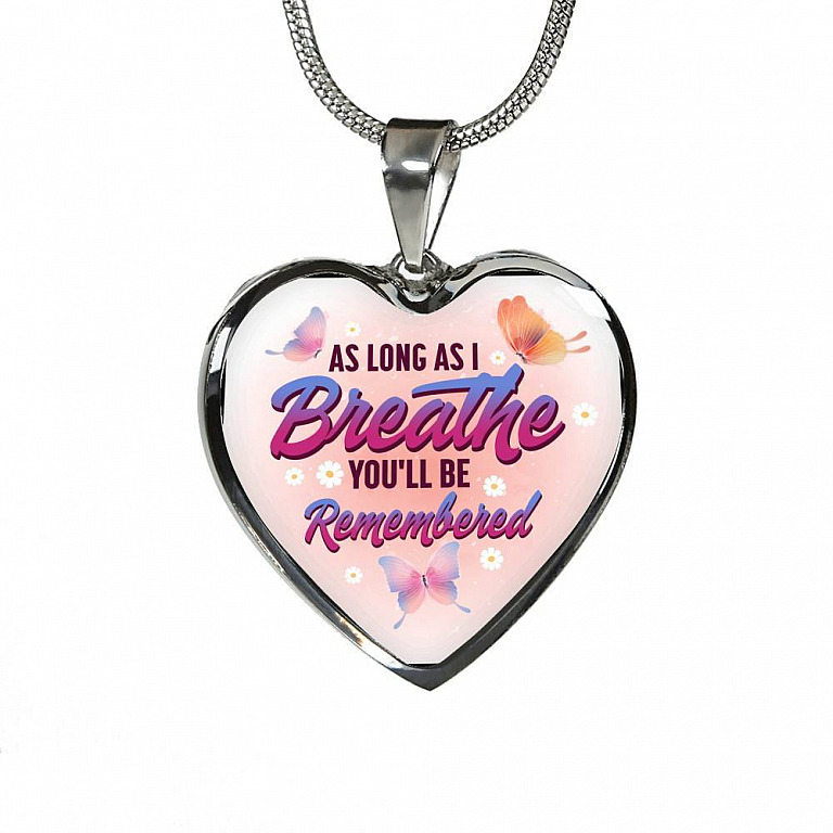 Butterfly as Long as I Breathe You'll Be Remembered Heart Pendant Necklace - Heart Luxury Necklace (Silver)