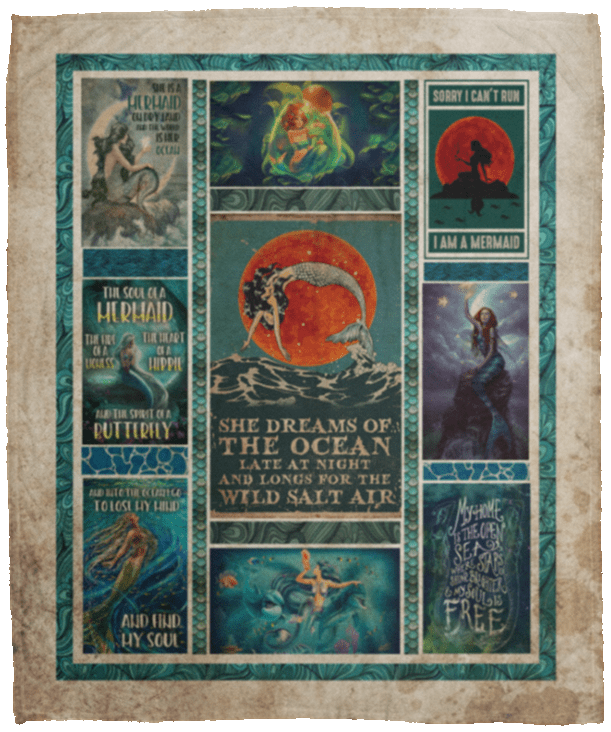 She Dreams Of The Ocean Late At Night Mermaid Fleece Blanket - Premium Sherpa Blanket - Woven Blanket, White, Cozy Plush Fleece Blanket - 50x60