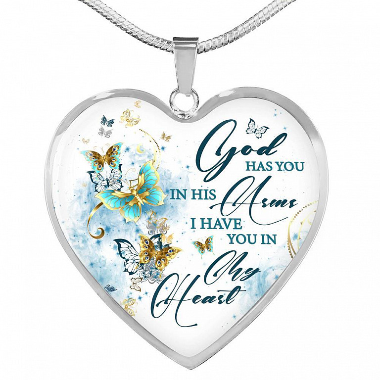 Butterfly God Has You In His Arms I Have You in My Heart Heart Pendant Necklace - Heart Luxury Necklace (Silver)