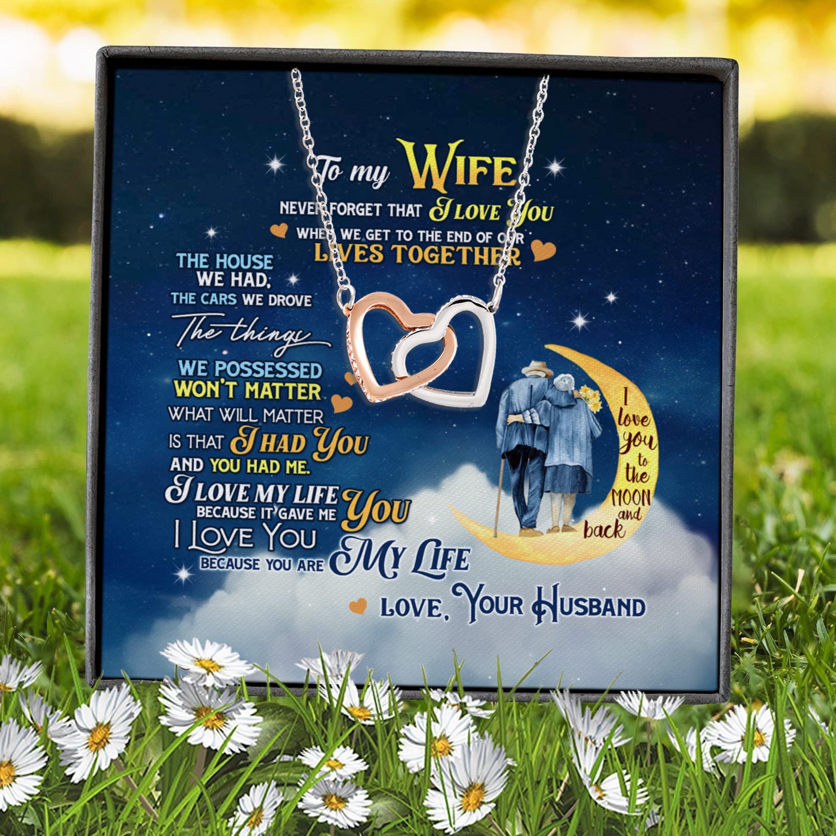 1VT. To My Wife Never Forget Moon Message Card Interlocking Hearts Necklace 7