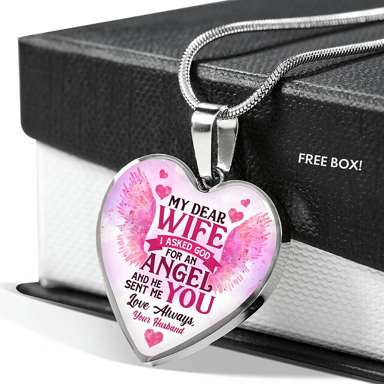 My Dear Wife I Asked God for an Angel He Sent Me You from Husband Heart Pendant Necklace - For Her - Heart Luxury Necklace (Silver)