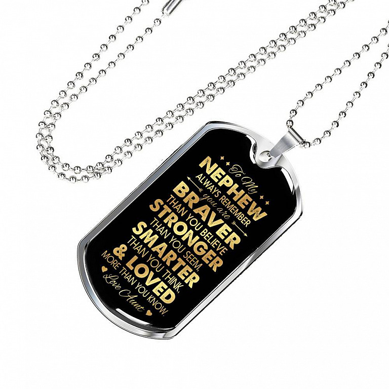 Aunt To My Nephew Always Remember You Are Braver Than You Believe Love Aunt Dog Tag Pendant Necklace - Dog Tag (Silver)