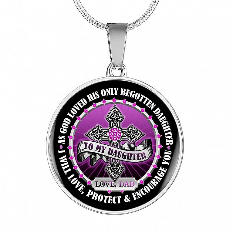 To My Daughter Love Dad Circle Pendant Necklace - Daughter Necklace Cross Necklace - Daughter Gift From Dad - Circle Luxury Necklace (Silver)