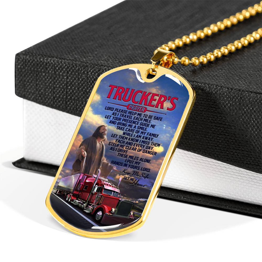 Trucker's Prayer Lord Please Help Me To Be Safe I Put My Hands In Yours Lord Get Me Home Dog Tag Pendant Necklace - Dog Tag (Gold Plated)