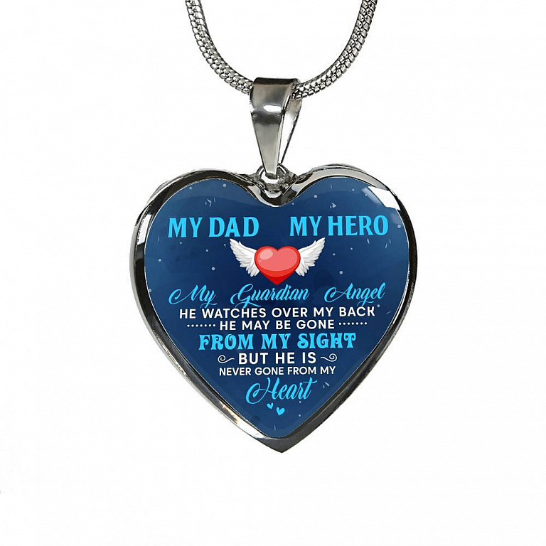 My Dad My Hero My Guardian Angel He Watches Over My Back Heart Pendant Necklace - Heart Luxury Necklace (Silver)