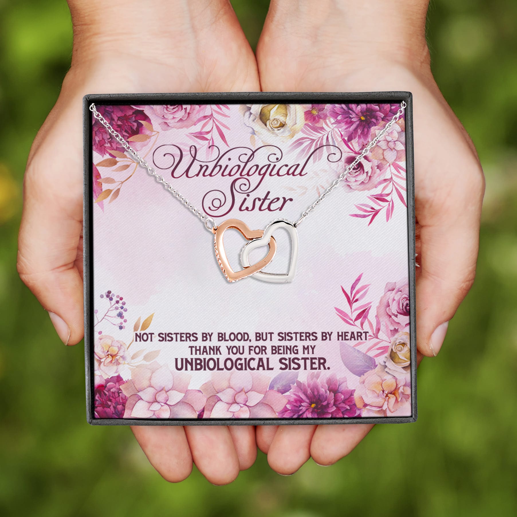 8VT. Unbiological Sister By Blood Interlocking Hearts Necklace