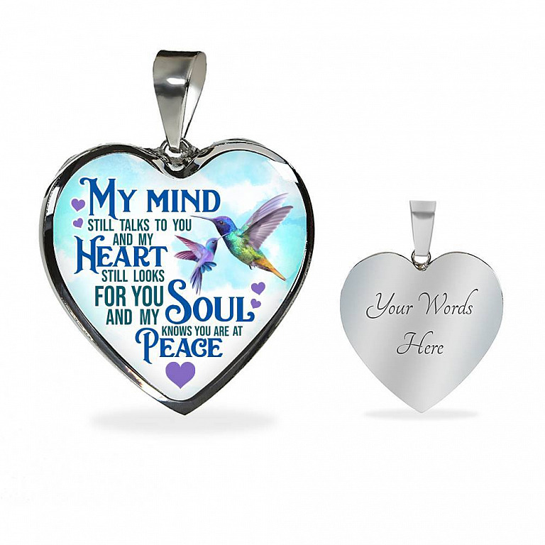 My Mind Still Talks To You But My Soul Know You Are At Peace Hummingbird Luxury Heart Pendant Necklace - Heart Luxury Necklace (Silver)
