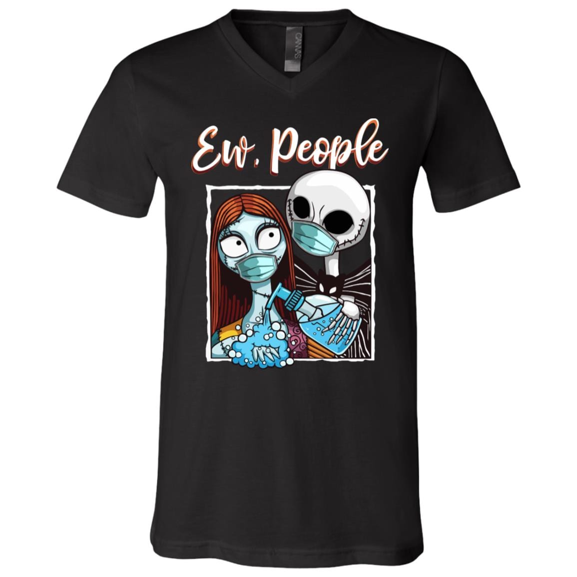Ew People Jack and Sally Wearing Face Mask and Hand Sanitizer Nightmare before Christmas T-Shirt - V Neck, Black, V-Neck T-Shirt