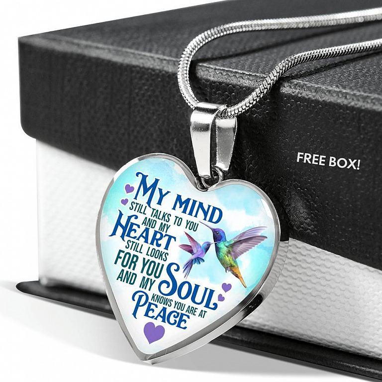 My Mind Still Talks To You But My Soul Know You Are At Peace Hummingbird Luxury Heart Pendant Necklace - Heart Luxury Necklace (Silver)