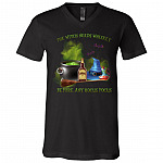 The Witch Needs Whiskey Before Any Hocus Pocus T-shirt - V-neck - Halloween Drinking Shirt, Black, V-Neck T-Shirt
