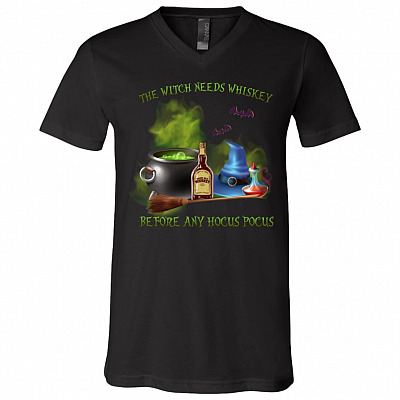 The Witch Needs Whiskey Before Any Hocus Pocus T-shirt - V-neck - Halloween Drinking Shirt, Black, V-Neck T-Shirt