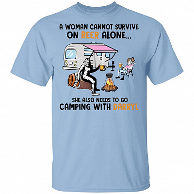 A Woman Cannot Survive On Beer Alone She Also Needs To Go Camping With Darryl Shirt - Bigfoot Shirt, Light Blue, Unisex T-Shirt