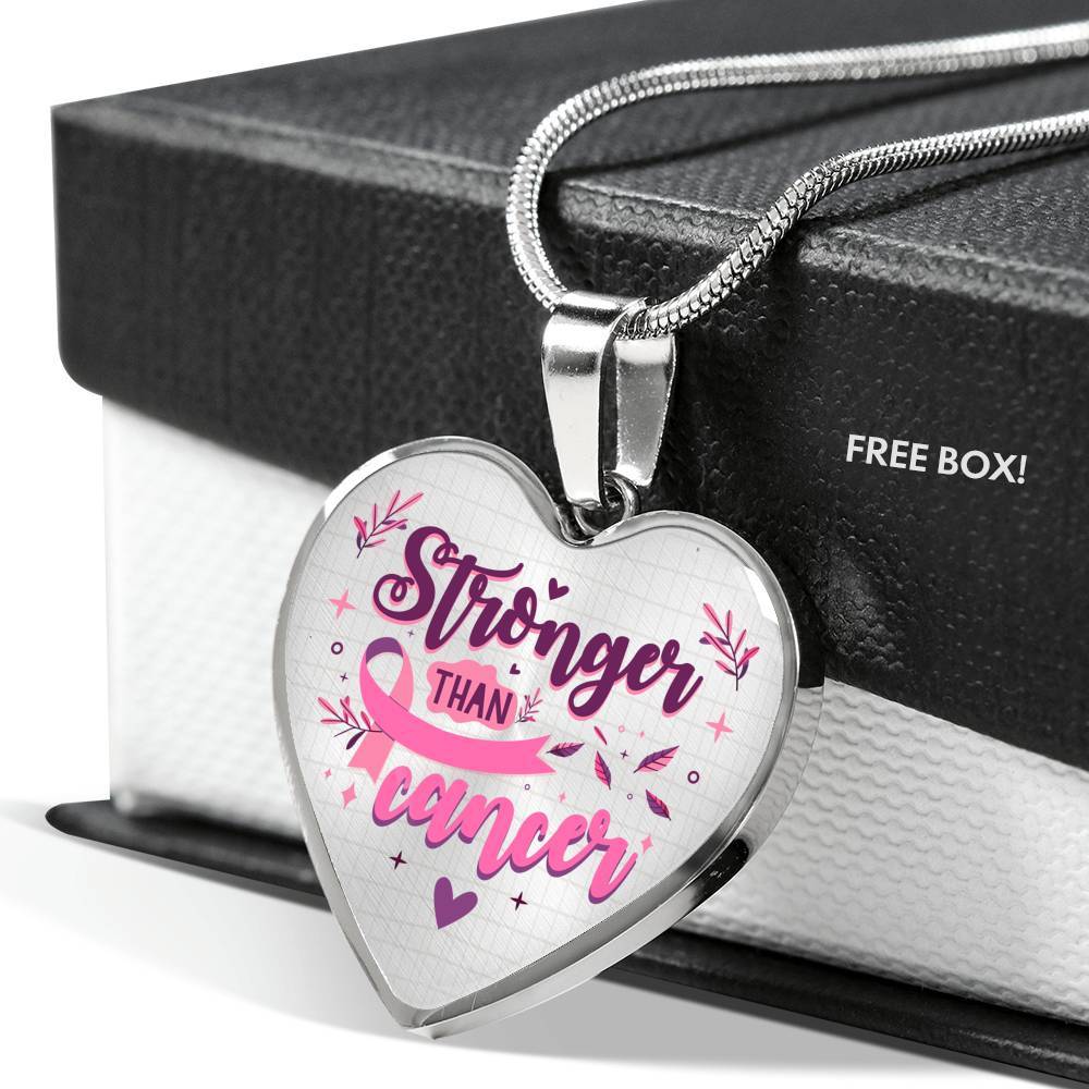 Stronger Than Cancer Heart Pendant Necklace - Necklace For Breast Cancer Awareness - Heart Luxury Necklace (Silver)