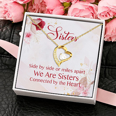 Alternative view of Sisters Side By Side Or Miles Apart We Are Sisters Connected By The Heart Forever Love Pendant Necklace