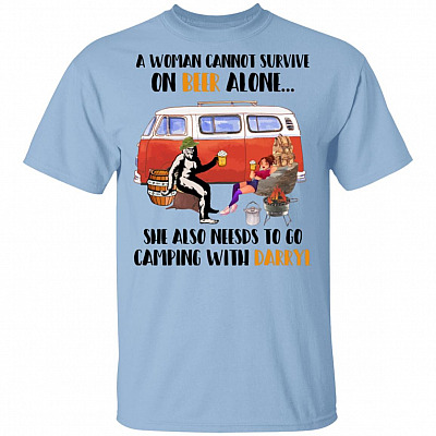 A Woman Cannot Survive On Beer Alone Bigfoot T-Shirt-She Also Needs To Go Camping With Darryl Sasquatch Shirt, Light Blue, Unisex T-Shirt