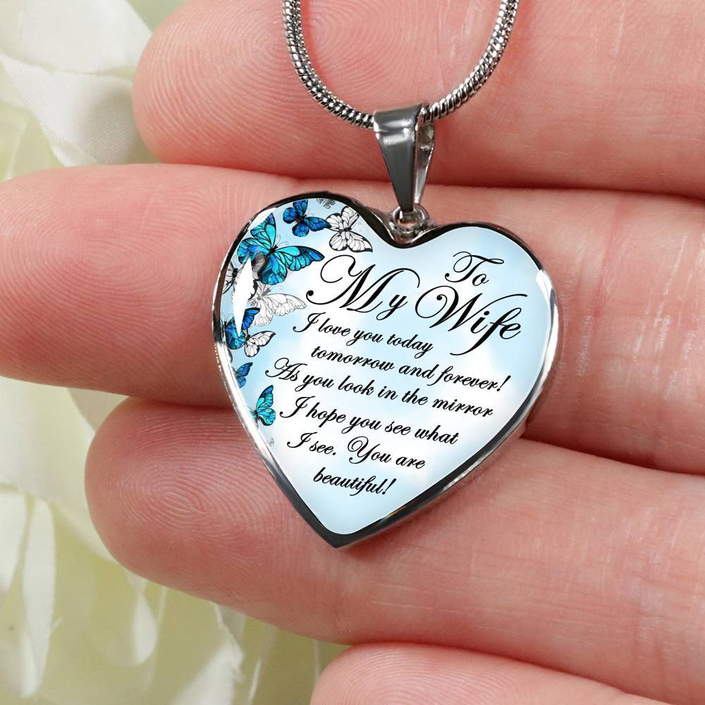 To My Wife I Love You Today Tomorrow And Forever You Are Beautiful Butterfly Heart Pendant Necklace - Heart Luxury Necklace (Silver) To My Wife I Love You Today Tomorrow And Forever You Are Beautiful Butterfly Heart Pendant Necklace - Heart Luxury Necklace (Silver)