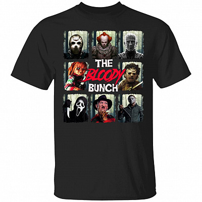 The Bloody Bunch Horror Movies Halloween Michael Leatherfaces Freddy Jason Chucky Pennywise T-Shirt, Black, Unisex T-Shirt