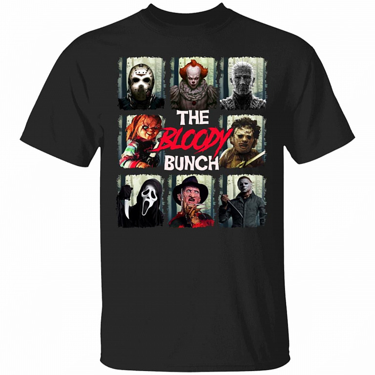 The Bloody Bunch Horror Movies Halloween Michael Leatherfaces Freddy Jason Chucky Pennywise T-Shirt, Black, Unisex T-Shirt