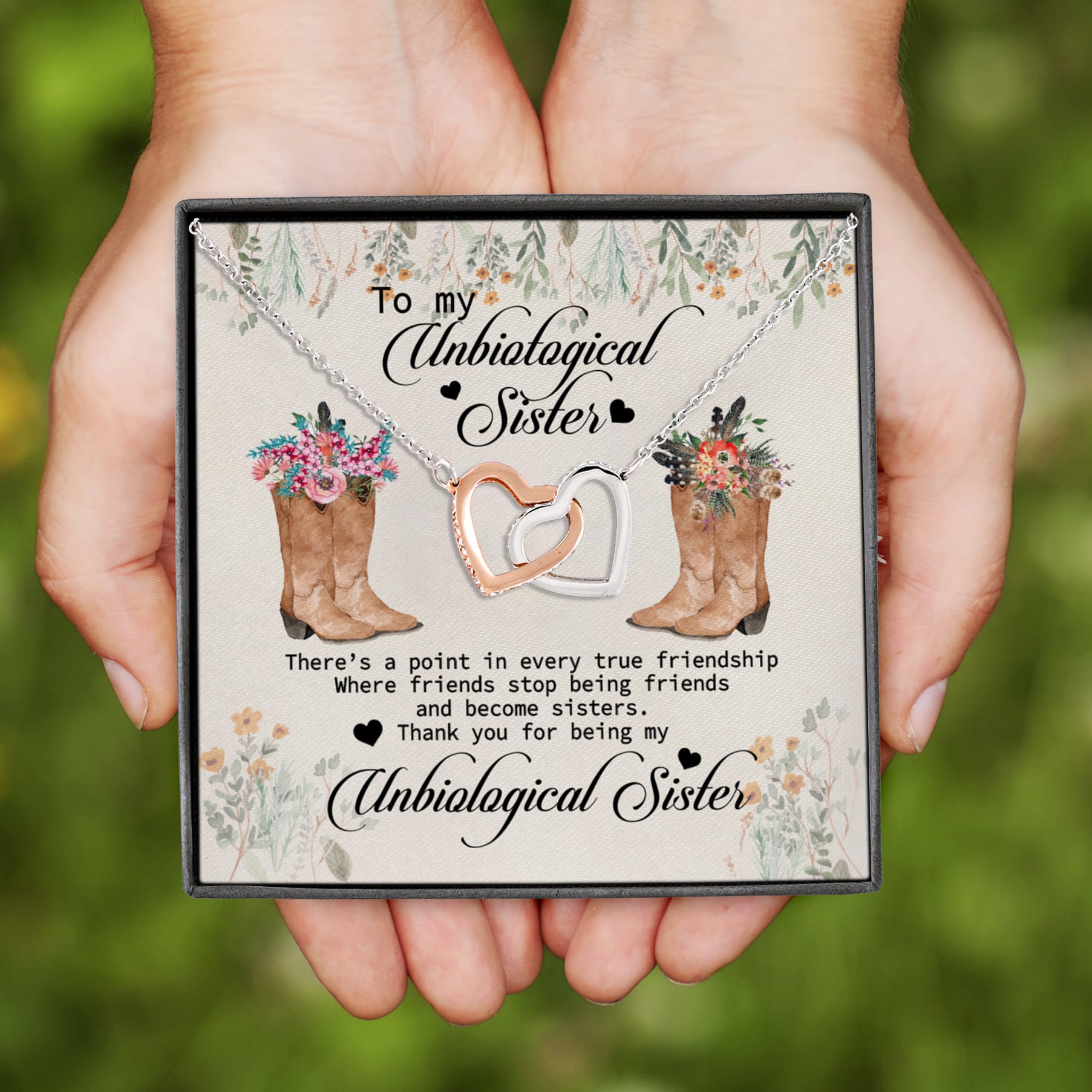 4KT.Message Card-Country Girl To My Unbiological Sister (4) Interlocking Hearts Necklace