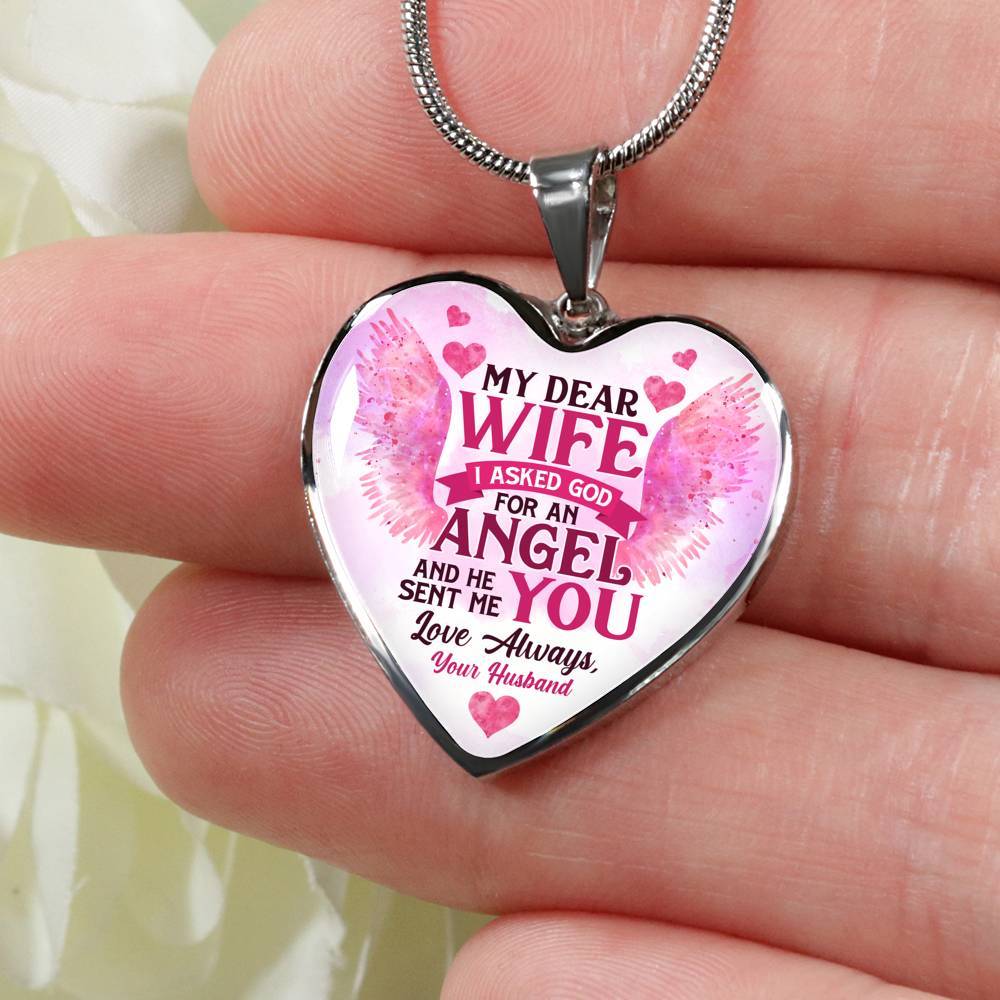 My Dear Wife I Asked God for an Angel He Sent Me You from Husband Heart Pendant Necklace - For Her - Heart Luxury Necklace (Silver) My Dear Wife I Asked God for an Angel He Sent Me You from Husband Heart Pendant Necklace - For Her - Heart Luxury Necklace (Silver)