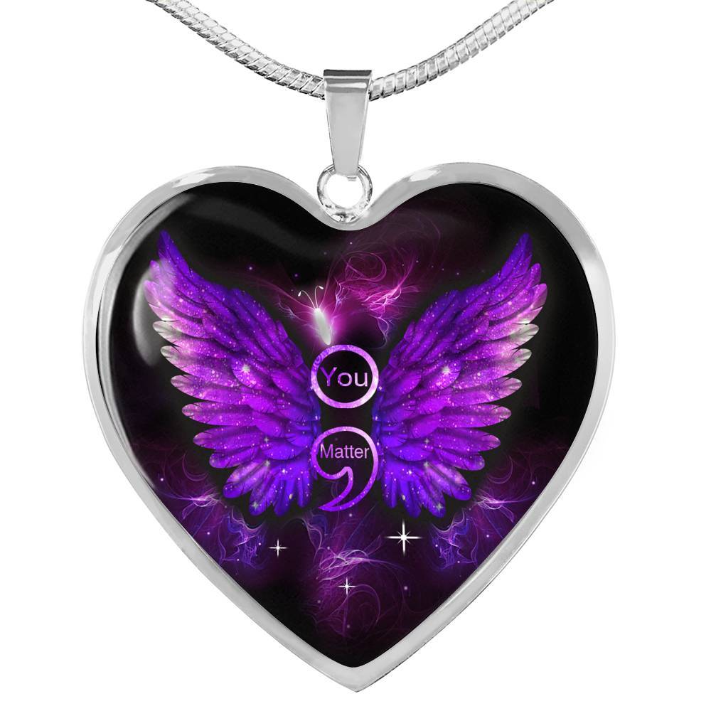 You Matter Memorial Suicide Prevention Awareness Heart Pendant Necklace - Mental Health Awareness Necklace - Heart Luxury Necklace (Silver)