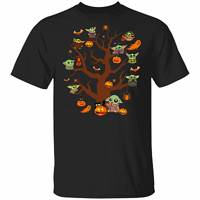 Baby Yoda Halloween Tree And Pumpkin T-Shirt - Happy Halloween Baby Yoda Shirt, Black, Unisex T-Shirt