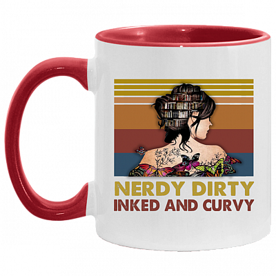 Nerdy Dirty Inked And Curvy Accent Coffee Mug - Gift For Book Lovers, White/Red, 11 oz. Accent Mug