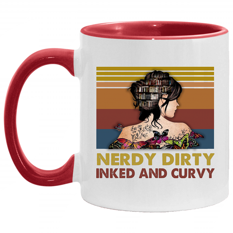 Nerdy Dirty Inked And Curvy Accent Coffee Mug - Gift For Book Lovers, White/Red, 11 oz. Accent Mug