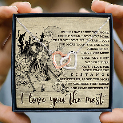 Alternative view of When I Say I Love You More I Love You the Most Interlocking Hearts Pendant Necklace - Halloween Jack Skellington Gifts