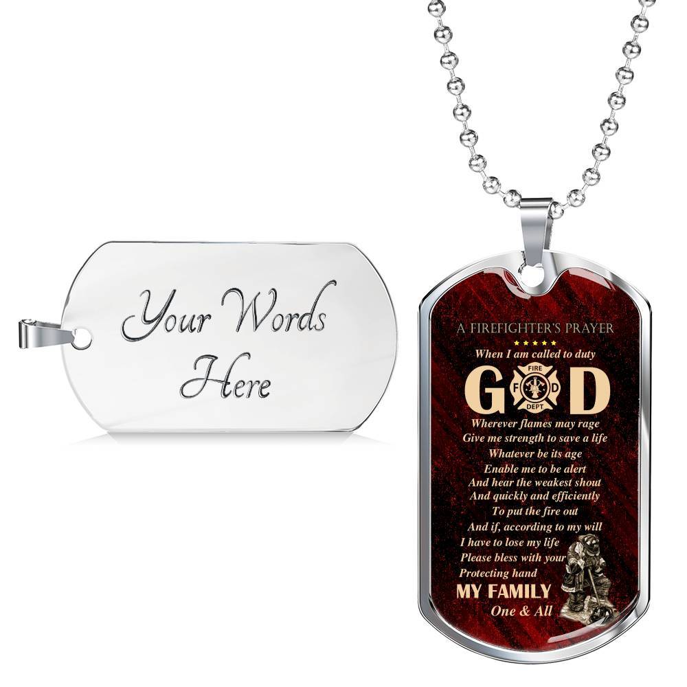 Firefighter's Prayer Dog Tag Pendant Necklace - Fire Rescue Fireman Necklace - Dog Tag (Silver)