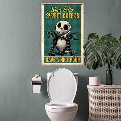 Alternative view of Why Hello Sweet Cheeks Have A Nice Poop Jack Skellington Funny Toilet Framed Canvas Prints - Unframed Poster