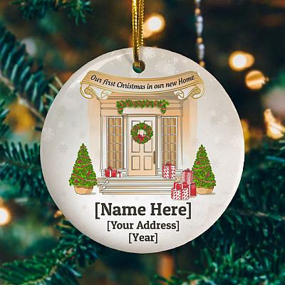 Alternative view of Our First Christmas In Our New Home Personalized Newlywed Couple Christmas Circle Ornament Housewarming Gift