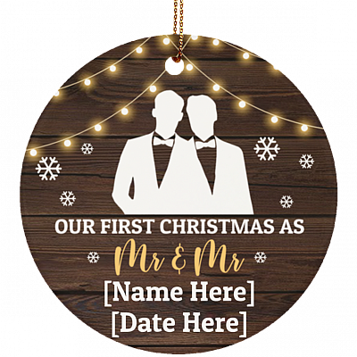 Personalized Gay Couple Wedding Our First Christmas As Mr and Mr Circle Ornament - Gay Couple 1st Holiday Gift, White, Circle Ornament
