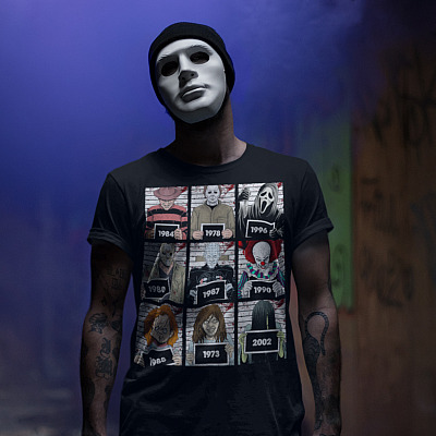 Alternative view of Horror Movie Characters Suspects Friends T-shirt - Horror Prison Squad Halloween Mugshot Style Shirt