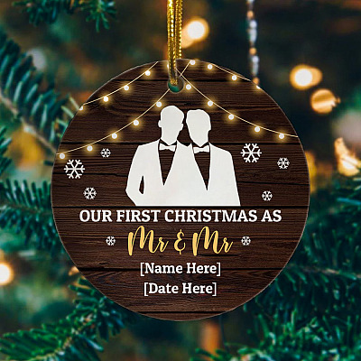 Alternative view of Personalized Gay Couple Wedding Our First Christmas As Mr and Mr Circle Ornament - Gay Couple 1st Holiday Gift