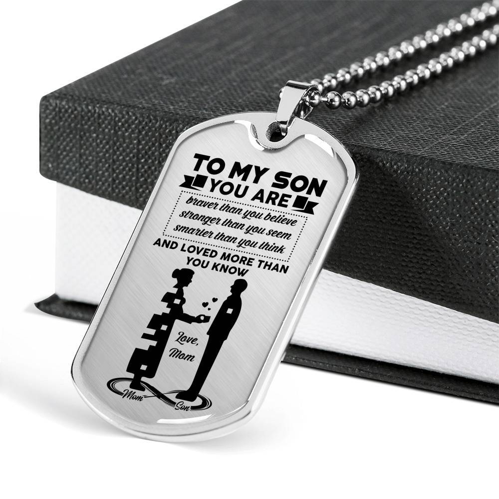 Mom To My Son You Are Braver Than You Believe Stronger Than You Seem Dog Tag Pendant Necklace - Dog Tag (Silver)