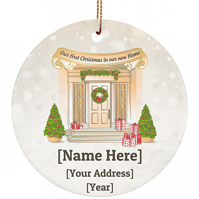 Our First Christmas In Our New Home Personalized Newlywed Couple Christmas Circle Ornament Housewarming Gift, White, Circle Ornament