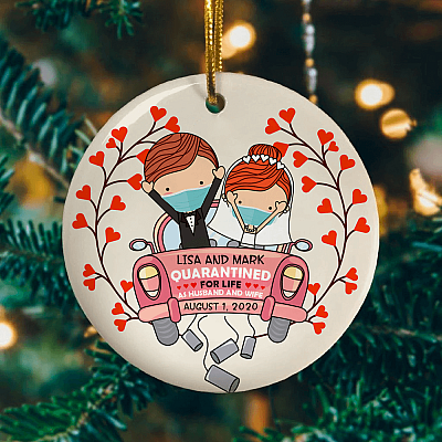 Alternative view of Bride And Groom With Masks Personalized Quarantine Wedding Christmas Circle Ornament Newlywed Couple Ornament