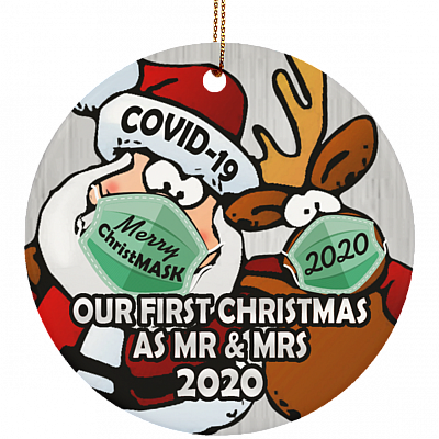 Our First Christmas As Mr And Mrs Christmas Ornament - Santa Reindeer Flat Circle Porcelain Ceramic Ornament, White, Circle Ornament