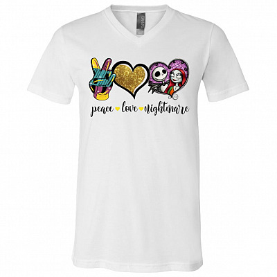 Peace Love Nightmare Before Christmas My Only Love Jack And Sally Halloween T-shirt - V-neck, White, V-Neck T-Shirt