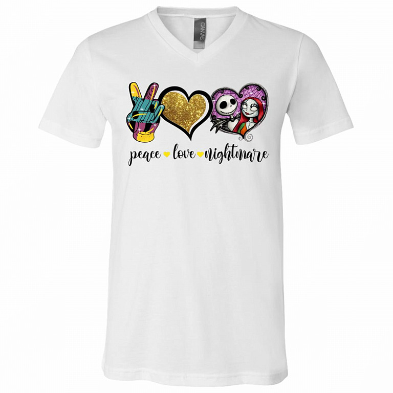 Peace Love Nightmare Before Christmas My Only Love Jack And Sally Halloween T-shirt - V-neck, White, V-Neck T-Shirt