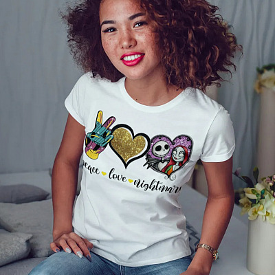 Alternative view of Peace Love Nightmare Before Christmas My Only Love Jack And Sally Halloween T-shirt - V-neck