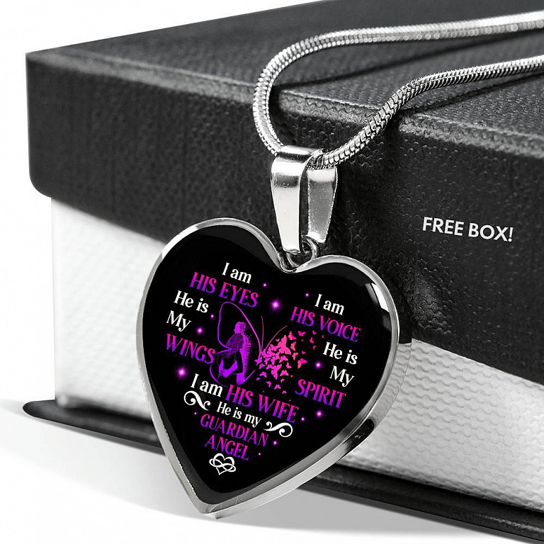 I Am His Eyes I Am His Voice He Is My Wings I Am His Wife He Is My Guardian Angel Butterfly Heart Pendant Necklace - Heart Luxury Necklace (Silver)