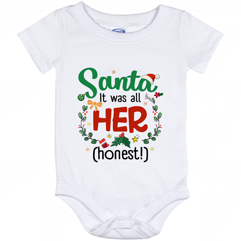 Santa It Was All Her Honest Funny Christmas Baby Onesie - Baby Infant Bodysuit, White, Baby Onesie - 12 Month