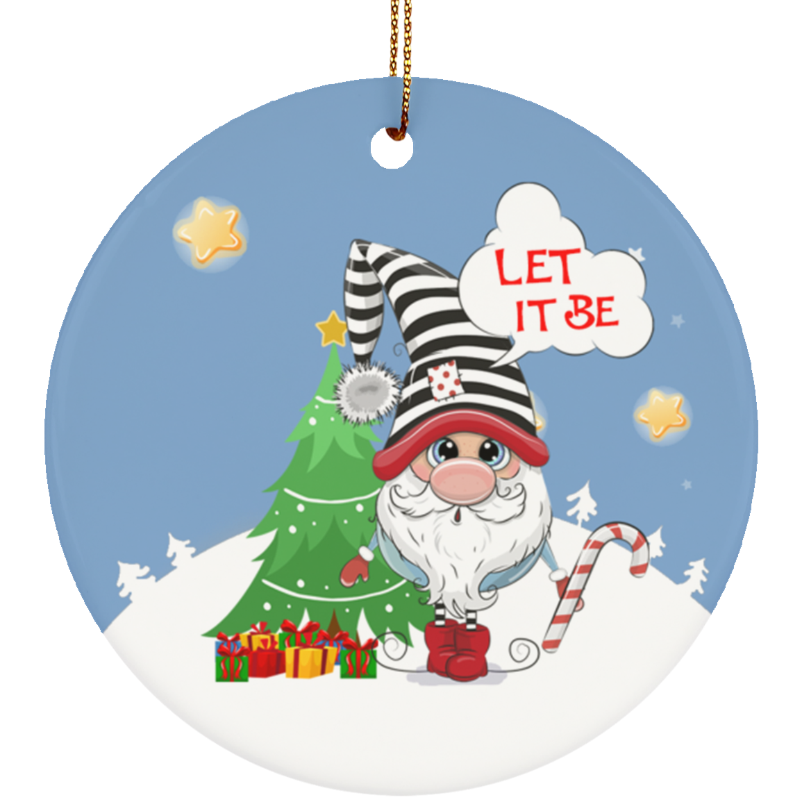 Xmas Gnome Let It Be Decorative Christmas Ornament - Holiday Flat Circle Porcelain Ceramic Ornament, White, Circle Ornament Xmas Gnome Let It Be Decorative Christmas Ornament - Holiday Flat Circle Porcelain Ceramic Ornament, White, Circle Ornament