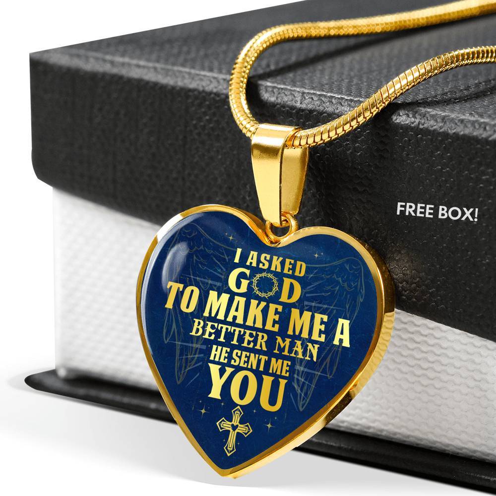 Gift to Her I Asked God to Make Me a Better Man He Sent Me You Cross Angel Wings Heart Pendant Necklace - Heart Luxury Necklace (Gold Plated)