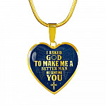 Gift to Her I Asked God to Make Me a Better Man He Sent Me You Cross Angel Wings Heart Pendant Necklace - Heart Luxury Necklace (Gold Plated)
